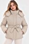 Women's Hooded Puffer Coat Beige Belted Cold Weather Coat - 2
