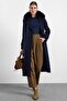 Premium Fabric Coat with Knit Stitching Detail and Detachable Fur Dark Blue 3196-Tk - 4