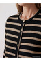 Beige Crew Neck Striped Women's Knitwear Cardigan - 3