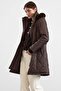 Removable Fur Hooded Zipper Closure Quilted Coat Brown 6923 - 6
