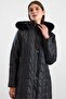 Zipper Closure Detachable Fur Hooded Long Quilted Coat Black 6916 - 3