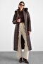 Zipper Closure Detachable Fur Hooded Long Quilted Coat Brown 6916 - 4
