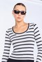 Women's Ecru-Black Striped Open Collar Long Sleeve Ribbed Bodysuit - 2