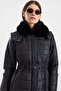 Long Quilted Coat with Fur Collar and Detachable Hood Black 6930 - 4
