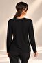Women's V-Neck Long Sleeve Blouse with Leather Detail on the Collar and Front - 4