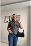 Gray Knitwear Cardigan with Denim Collar