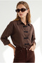 Women's Brown Contrast Chinese Button Gabardine Shirt Gml-19001462