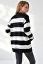 Women's Black Ecru Thick Striped Long Knitwear Cardigan Hrk-19000504 - 5