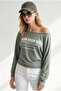 Women's Khaki Boat Neck New York Printed Flowy Blouse Blz-19003465 - 3