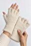 Cream Plush Textured Soft Knitted Flexible Form Half Finger Cut-Out Detailed Knitwear Gloves - 2