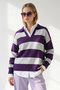 Women's Purple Gray Polo Collar Thick Striped Knitwear Sweater Kzk-19001181