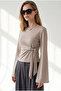 Women's Beige Knot Detailed Spanish Sleeve Flowy Blouse Blz-19003462 - 2