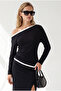 Women's Black Draped Detailed Boat Neck Asymmetrical Blouse Blz-19003466