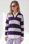 Women's Purple Gray Polo Collar Thick Striped Knitwear Sweater Kzk-19001181 - 2