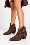 Phlox Women's Suede Brown Cowboy Metal Buckle Embroidered Thick Heeled Short Boots 6.5 cm Heel - 8