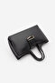 Women's Textured Look Double Handle Long Strap Metal Accessory Detailed Handbag Sernis Black - 6