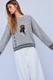 Women's Gray Teddy Bear Patterned Embroidered Knit Sweater