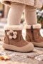 Children's Brown Zippered Boots with Plush Detail and Flower Accessories, Winter Model