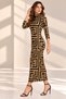 Women's Brown Black Geometric Patterned High Neck Long Midi Length Viscose Dress - 2