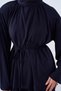 Women's Collared, Gathered Waist, Tie-Up Suit, Navy Blue - 5