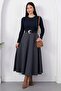 Crew Neck Belted Skirt Plaid Dress Grs4196 - 3