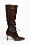 Women's Thin Heeled Boots Brown Gathered Pointed Toe with Piping Accessories