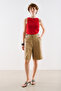 Belted Detailed Pleated Bermuda Pants Camel - 4