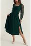 Women's Green Crepe Fabric Belted Long Tulle Sleeve Square Neck Midi Length Dress 2F-2435 - 2