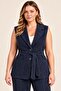 Velvet Detailed Waist Tie, Large Size Lined Vest, Navy Blue