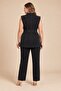 Velvet Detailed Waist Tie, Large Size Lined Vest with Buttons, Black - 5