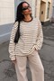 Brown Striped Crew Neck Long Sleeve Women's T-Shirt Mg2923 - 4