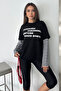 Women's Text Printed Striped Sleeves Layered Sweatshirt