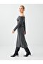 Anthracite Slit Detailed Bardot Collar Soft Touch Midi Dress - 3