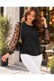 Butterfly Detailed Tulle Sleeve – Women's Crew Neck Long Sleeve Black Viscose Blouse - 2