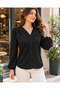 Timeless Elegance Women's V-Neck Button Front Shoulder Gathered Long Sleeve Crepe Blouse - 5