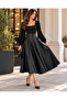 Women's Square Collar Long Sleeve Leather Detailed Flared Skirted Midi Viscose Dress - 3