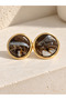 Gold Plated Brown Patterned Round Stone Earrings - 2