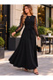 Women's Butterfly Detailed Tulle Sleeves Belted Long Crepe Dress - 2