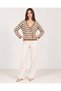 Women's Mink Ecru Striped V-Neck Double Row Gold Button Acrylic Knitwear Jacket - 3
