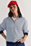 Women's Navy Blue Oversize Polo Collar Half Zipper Striped Sweatshirt Ös261005 60286586