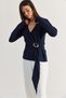 Women's Navy Blue V-Neck Waist Buckle Tie Detailed Flowy Mercerized Long Sleeve Blouse Th261086 60286589 - 4