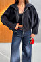Denim Velvet Bomber Jacket-Black Black - 2