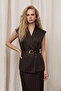 Stripe Patterned Vest with Belt Detail - Brown - 2