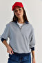 Women's Navy Blue Oversize Polo Collar Half Zipper Striped Sweatshirt Ös261005 60286586 - 6