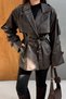 Belt Detailed Lined Leather Trench Coat-Brown Brown - 3