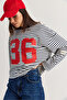 Women's Ecru-Navy Blue Oversize Striped 36 Printed Long Sleeve T-Shirt 12680 60286585