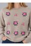 Women's Beige Crew Neck Floral Patterned Wool Sweater - 4