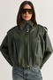 Women's Khaki Lined Stand Collar Shoulder Epaulettes Snap Closure Oversize Faux Leather Jacket 2838 60286593