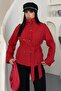 Women's Stand Collar Red Trench Coat - Belted Double-Breasted Buttoned Trench - 2