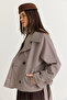 Women's Brown Plaid Patterned Wide Sleeve Belted Short Trench Coat 1123 60286581 - 4